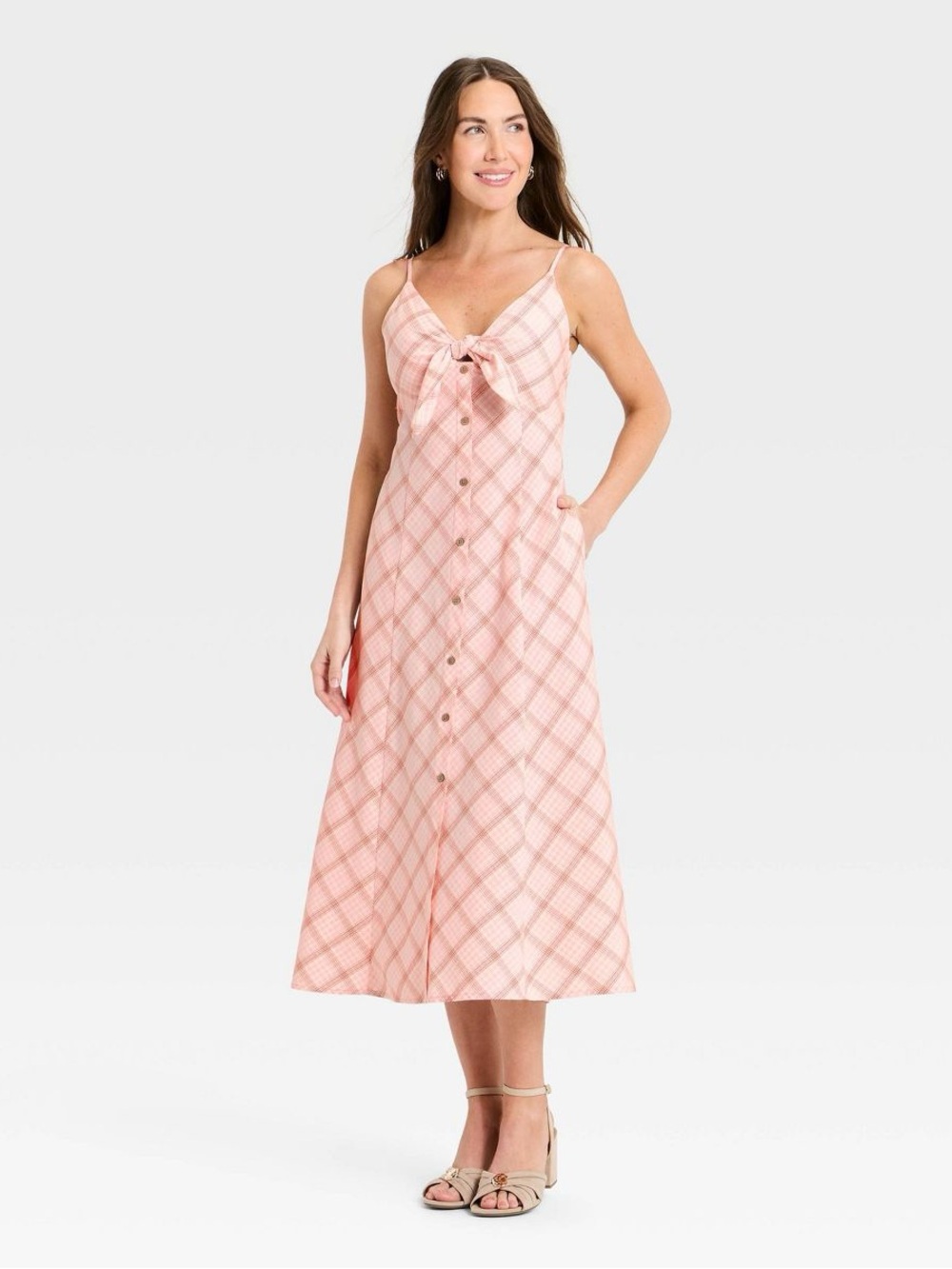 Universal Thread Pink Plaid Tie-Front Midi Dress